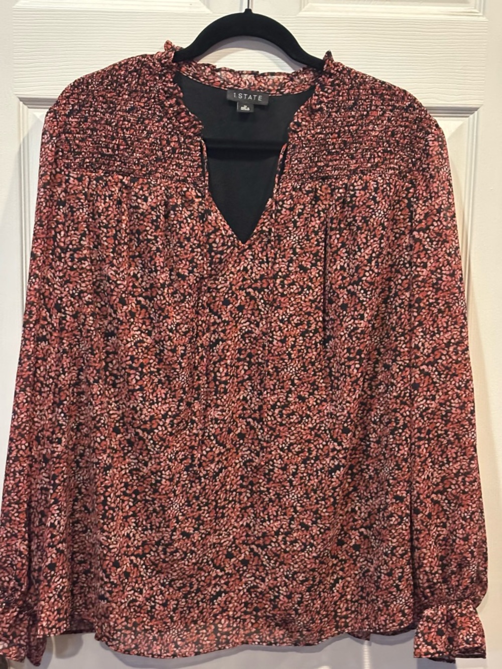 1. State Rose-Pink Micro Floral Long-Sleeve V-Neck Blouse